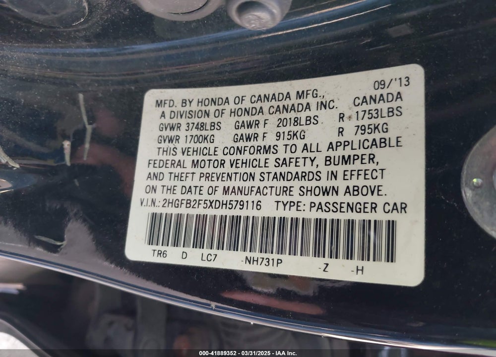 2013 HONDA CIVIC VIN: 2HGFB2F5XDH579116