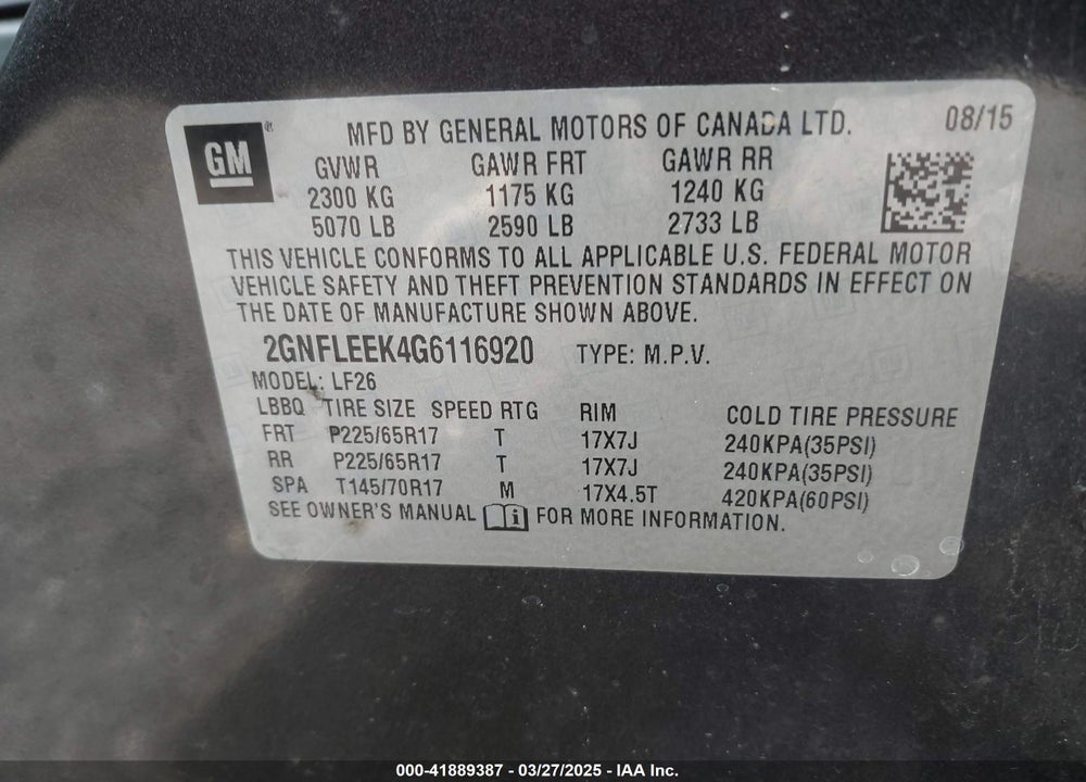2016 CHEVROLET EQUINOX VIN: 2GNFLEEK4G6116920