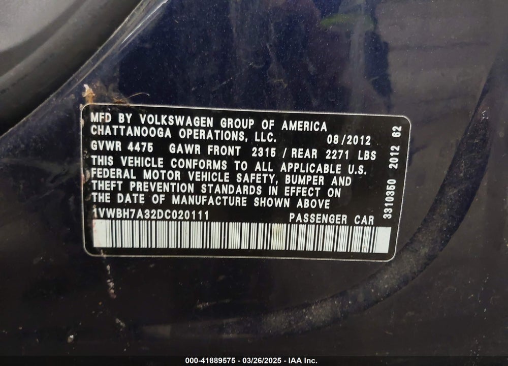 2013 VOLKSWAGEN PASSAT VIN: 1VWBH7A32DC020111