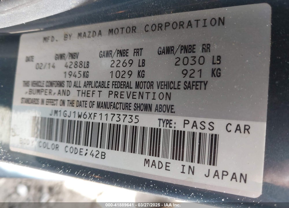 2015 MAZDA 6 GRAND TOURING VIN: JM1GJ1W6XF1173735