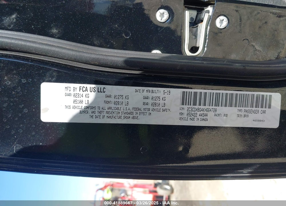 2019 DODGE CHARGER SXT RWD VIN: 2C3CDXBG4KH664728