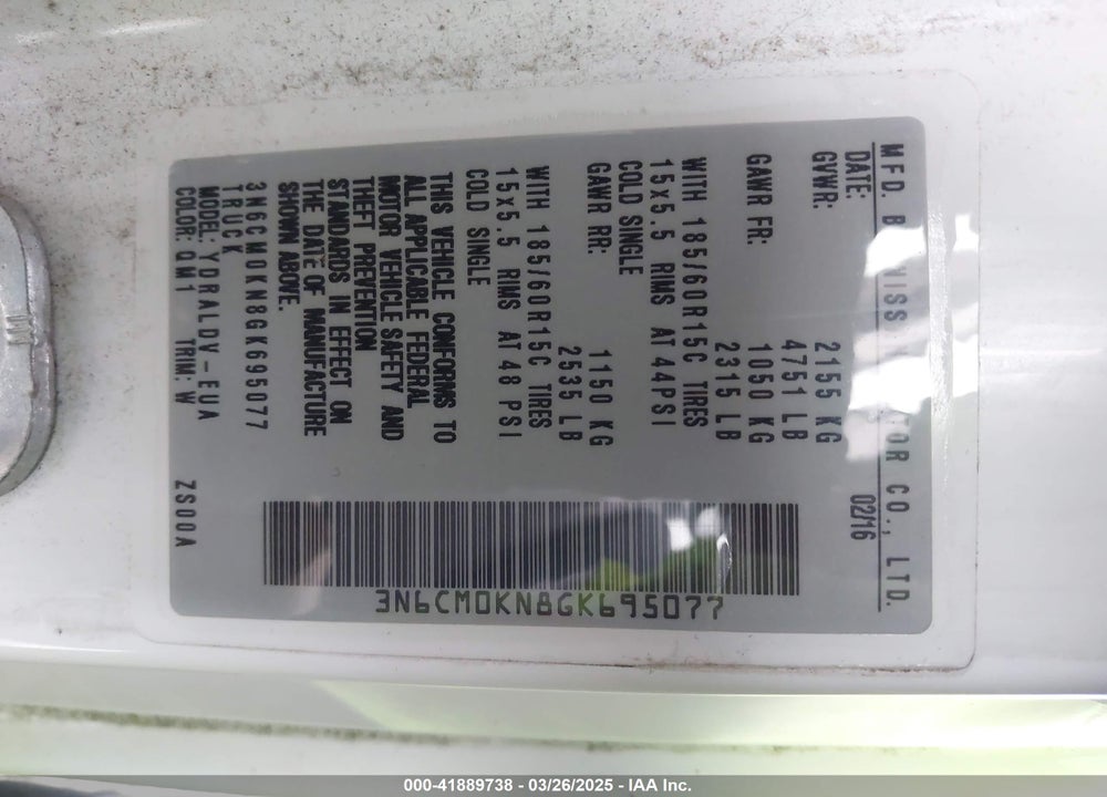 2016 NISSAN NV200 S/SV VIN: 3N6CM0KN8GK695077