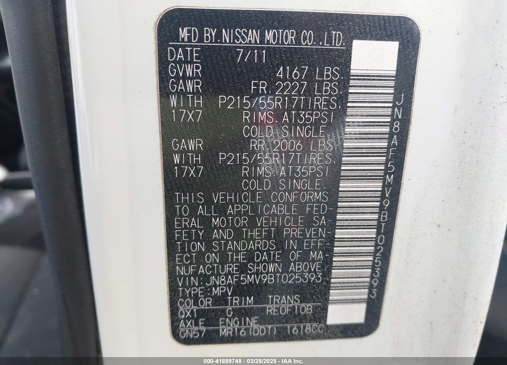 2011 NISSAN JUKE VIN: JN8AF5MV9BT025393