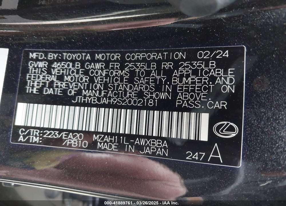 2025 LEXUS UX 300H VIN: JTHYBJAH9S2002181