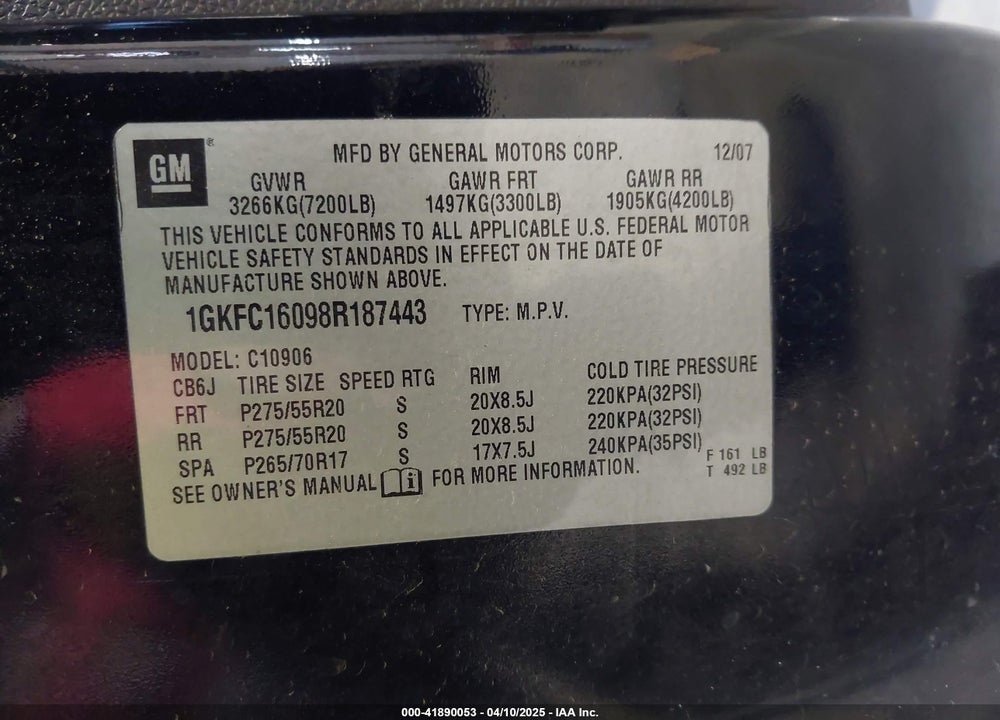 2008 GMC YUKON XL 1500 VIN: 1GKFC16098R187443