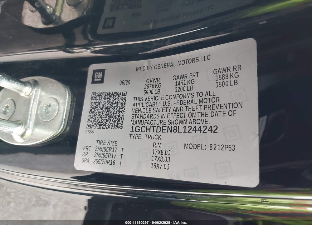 2020 CHEVROLET COLORADO VIN: 1GCHTDEN8L1244242
