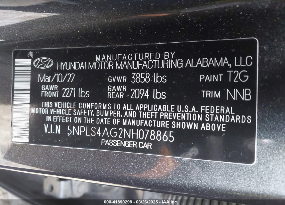 2022 HYUNDAI ELANTRA VIN: 5NPLS4AG2NH078865