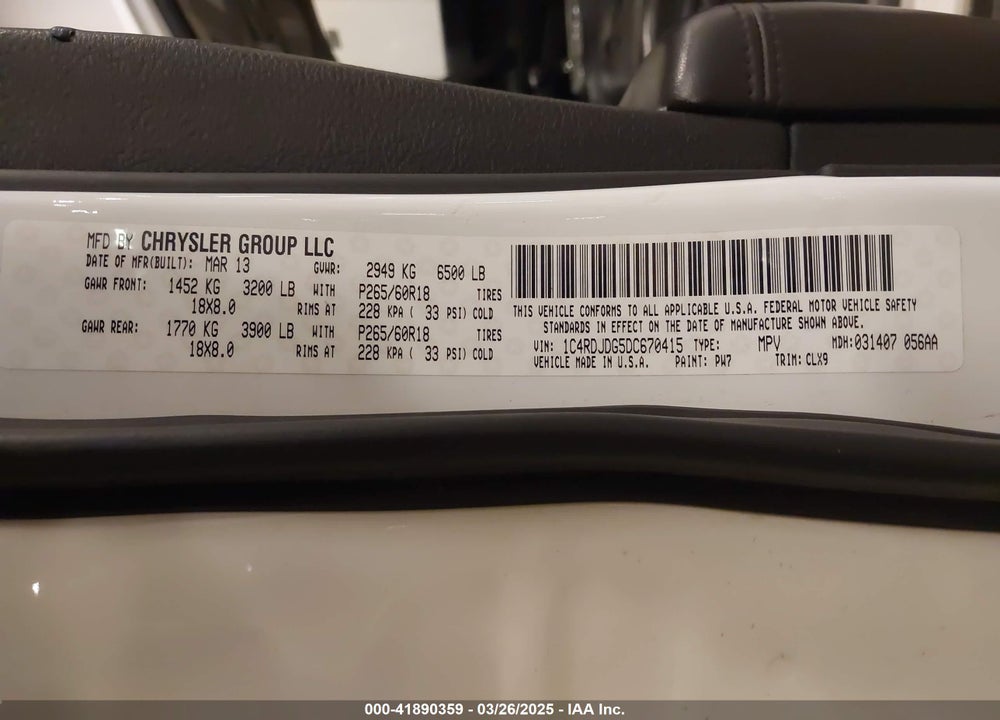 2013 DODGE DURANGO VIN: 1C4RDJDG5DC670415