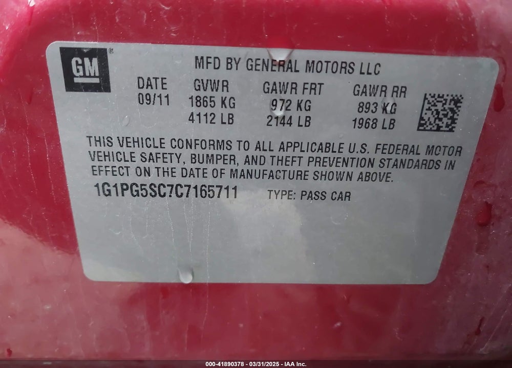 2012 CHEVROLET CRUZE VIN: 1G1PG5SC7C7165711