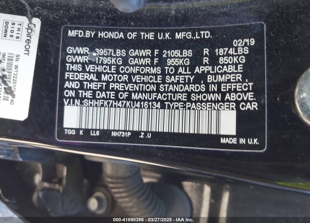 2019 HONDA CIVIC VIN: SHHFK7H47KU416134