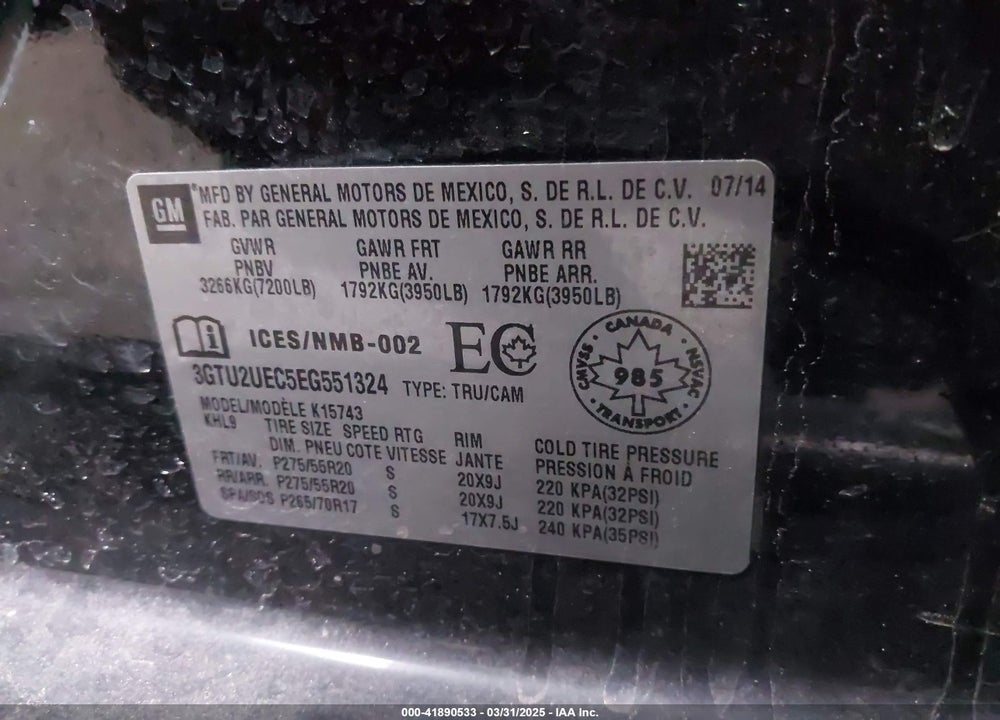 2014 GMC SIERRA VIN: 3GTU2UEC5EG551324