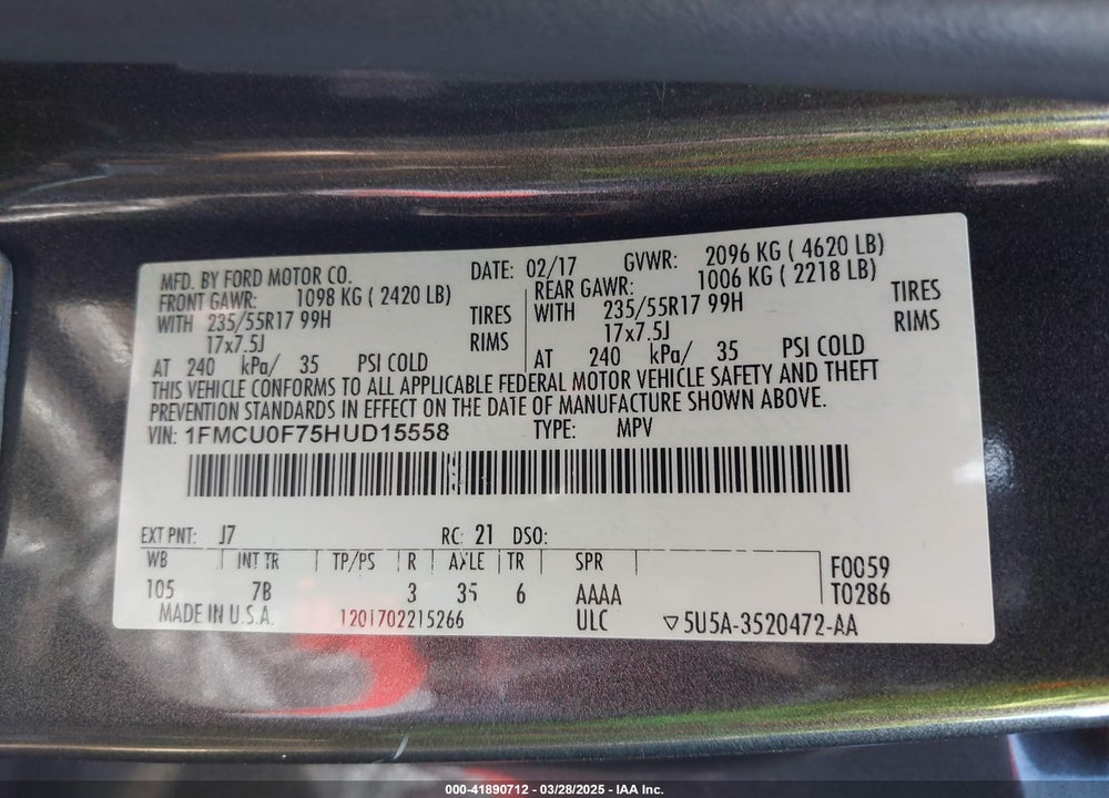 2017 FORD ESCAPE VIN: 1FMCU0F75HUD15558
