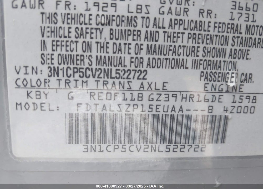 2022 NISSAN KICKS VIN: 3N1CP5CV2NL522722