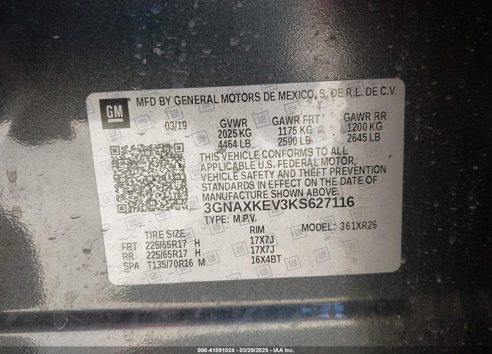 2019 CHEVROLET EQUINOX LT VIN: 3GNAXKEV3KS627116