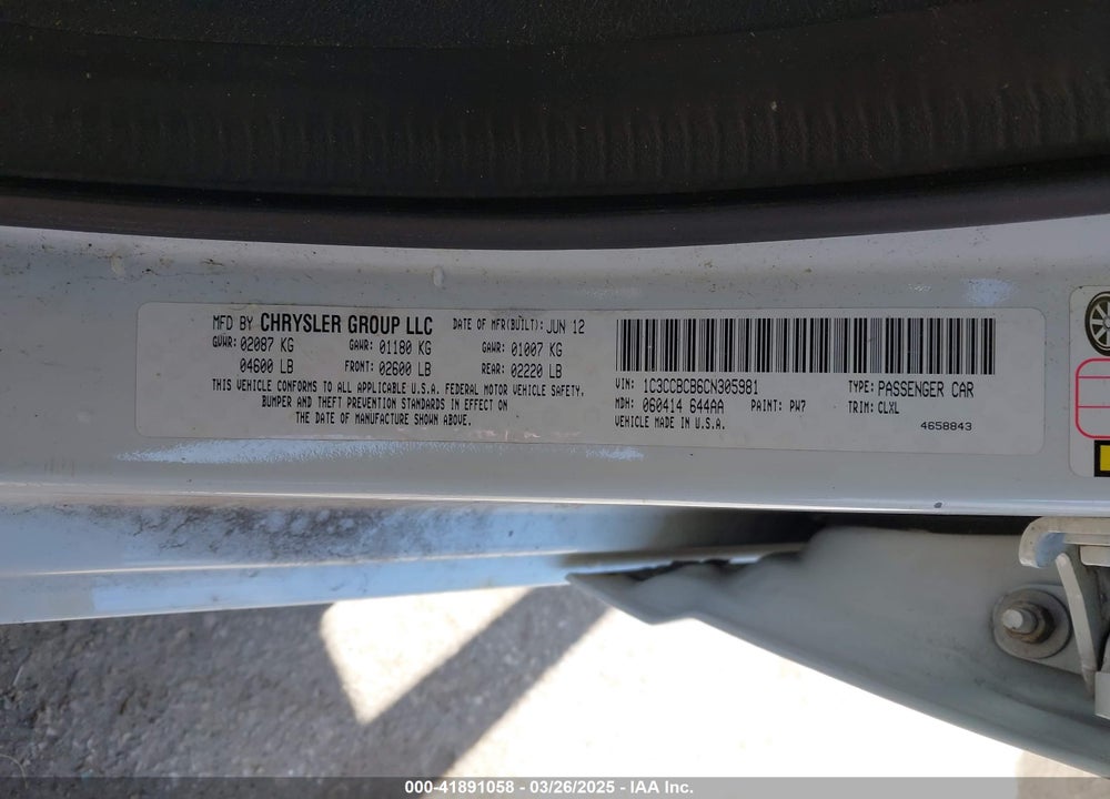 2012 CHRYSLER 200 VIN: 1C3CCBCB6CN305981