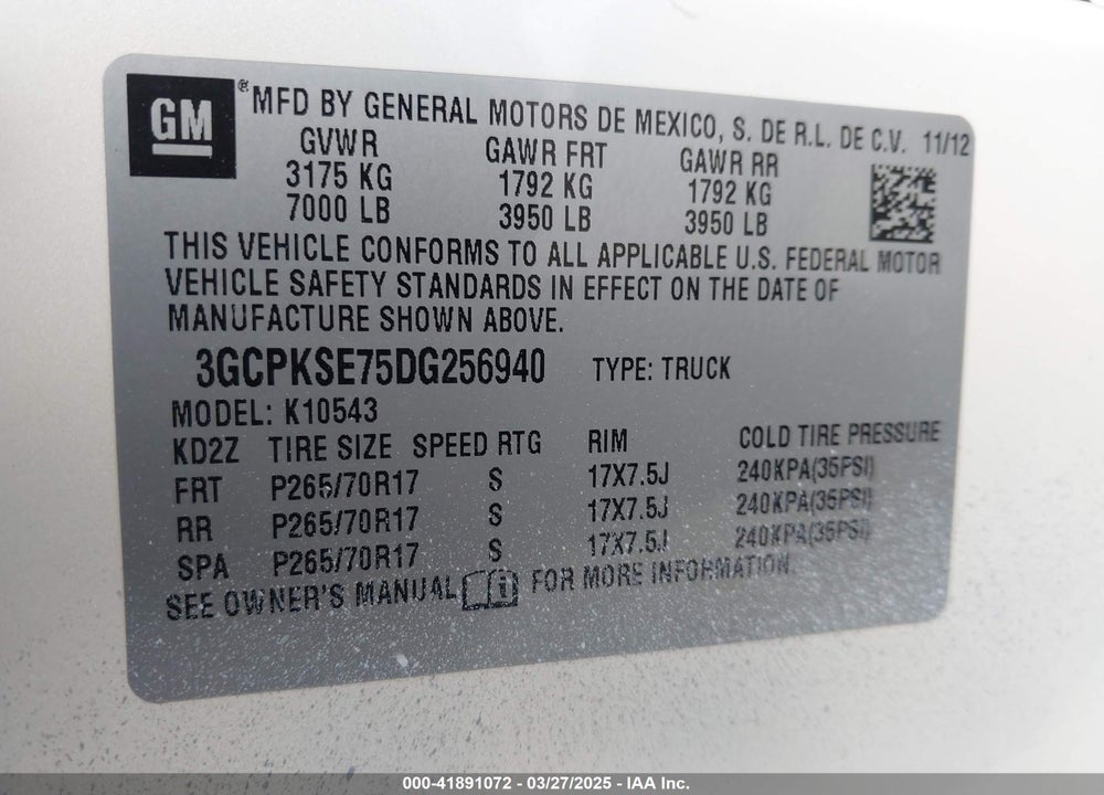 2013 CHEVROLET SILVERADO 1500 VIN: 3GCPKSE75DG256940