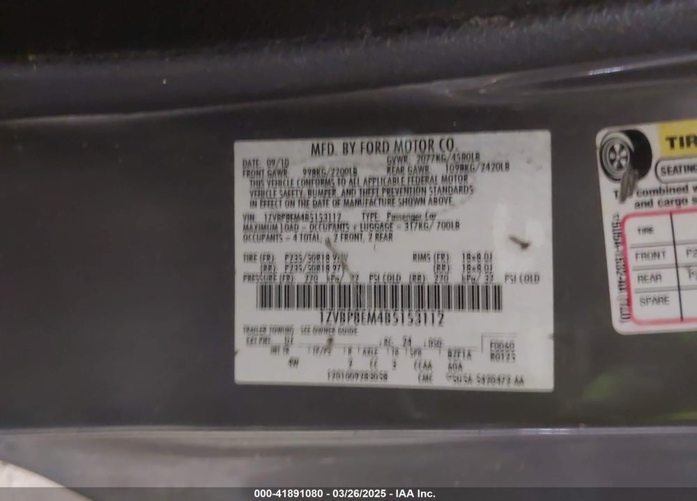 2011 FORD MUSTANG V6 PREMIUM VIN: 1ZVBP8EM4B5153112