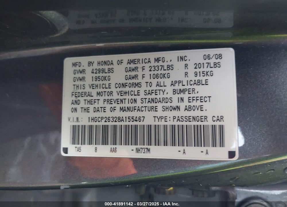 2008 HONDA ACCORD VIN: 1HGCP26328A155467