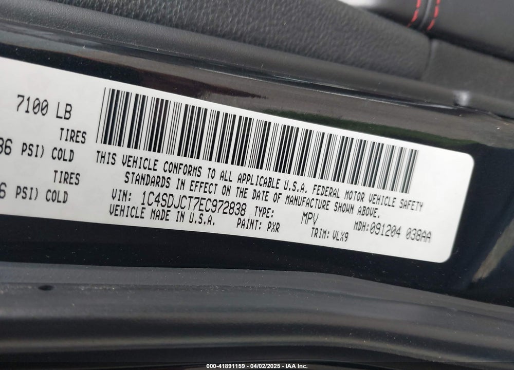 2014 DODGE DURANGO R/T VIN: 1C4SDJCT7EC972838