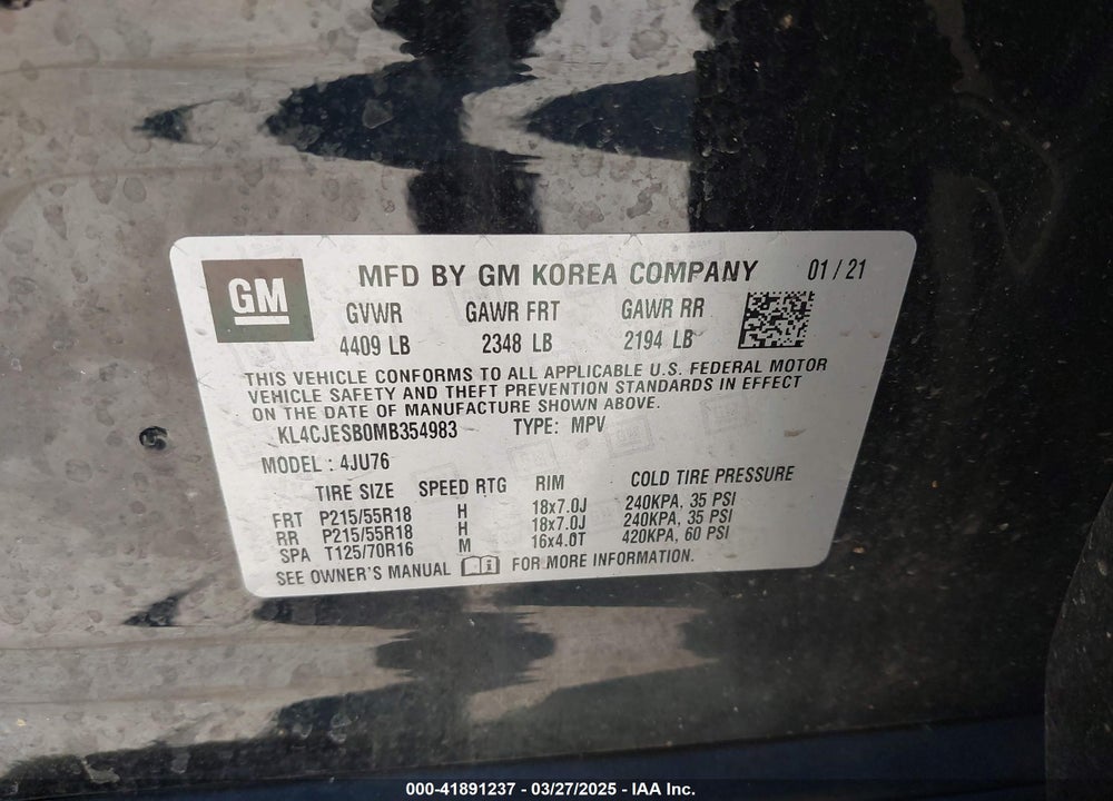 2021 BUICK ENCORE AWD PREFERRED VIN: KL4CJESB0MB354983