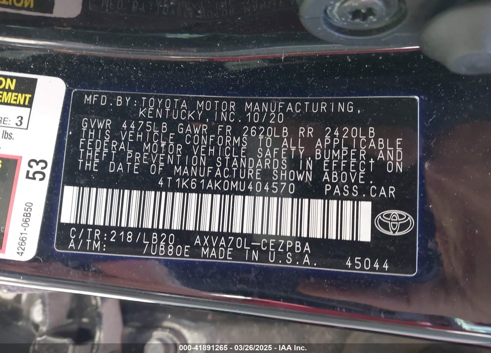 2021 TOYOTA CAMRY VIN: 4T1K61AK0MU404570