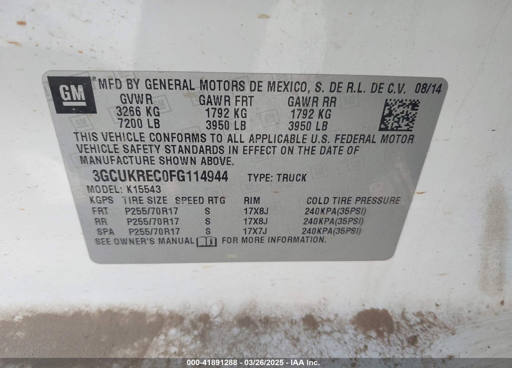 2015 CHEVROLET SILVERADO 1500 1LT VIN: 3GCUKREC0FG114944