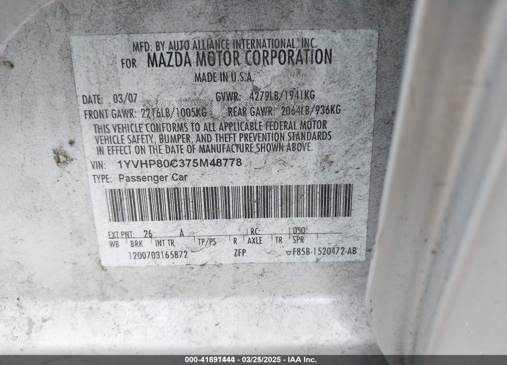 2007 MAZDA MAZDA6 VIN: 1YVHP80C375M48778