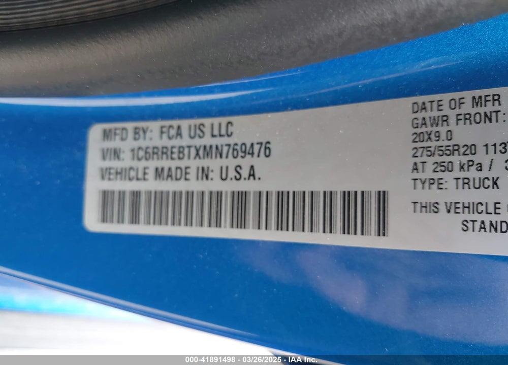 2021 RAM 1500 BIG HORN 4X2 6'4 BOX VIN: 1C6RREBTXMN769476