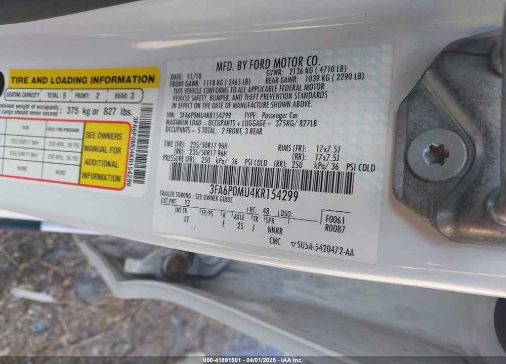 2019 FORD FUSION HYBRID VIN: 3FA6P0MU4KR154299