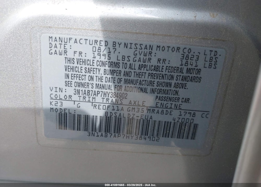 2017 NISSAN SENTRA VIN: 3N1AB7AP7HY384902