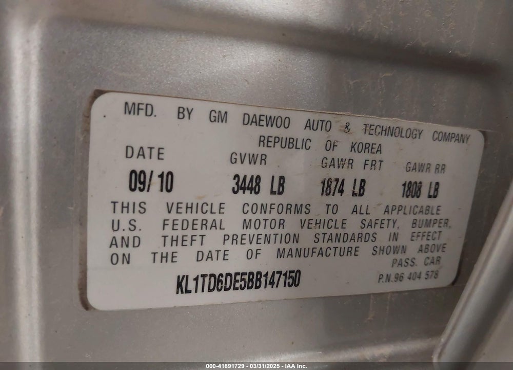 2011 CHEVROLET AVEO VIN: KL1TD6DE5BB147150