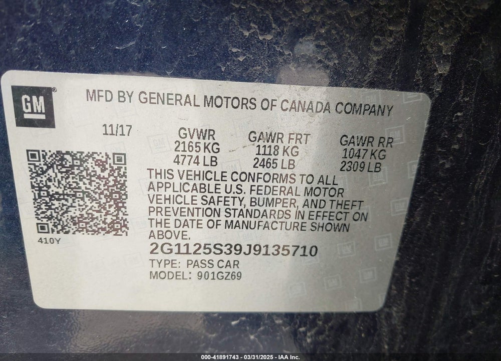 2018 CHEVROLET IMPALA 2LZ VIN: 2G1125S39J9135710