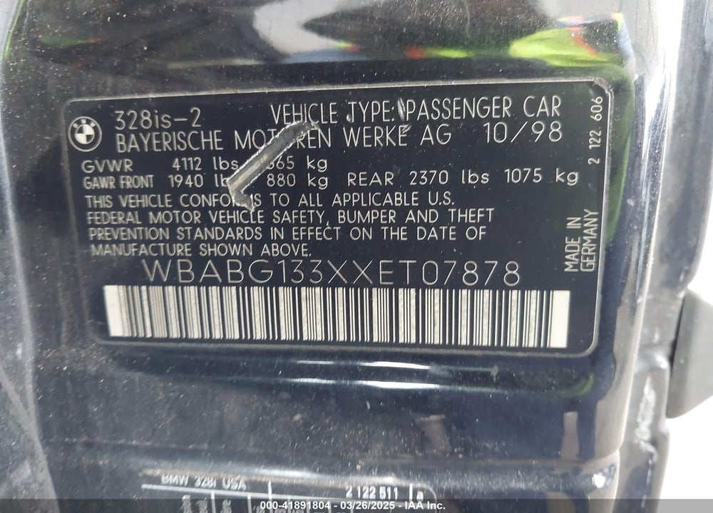 1999 BMW 328IS VIN: WBABG133XXET07878