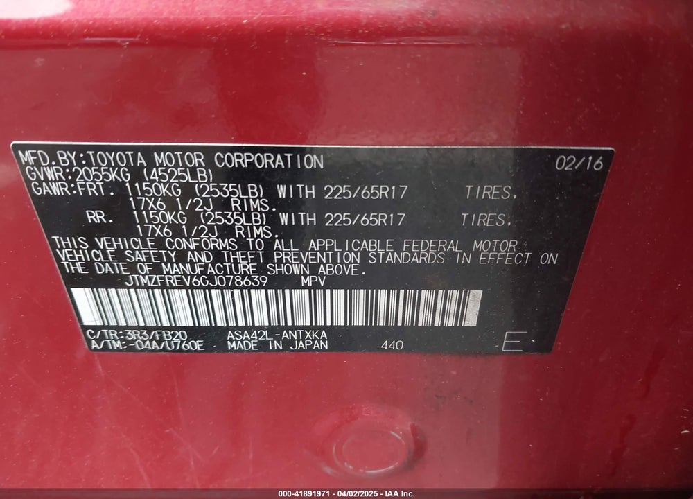 2016 TOYOTA RAV4 VIN: JTMZFREV6GJ078639