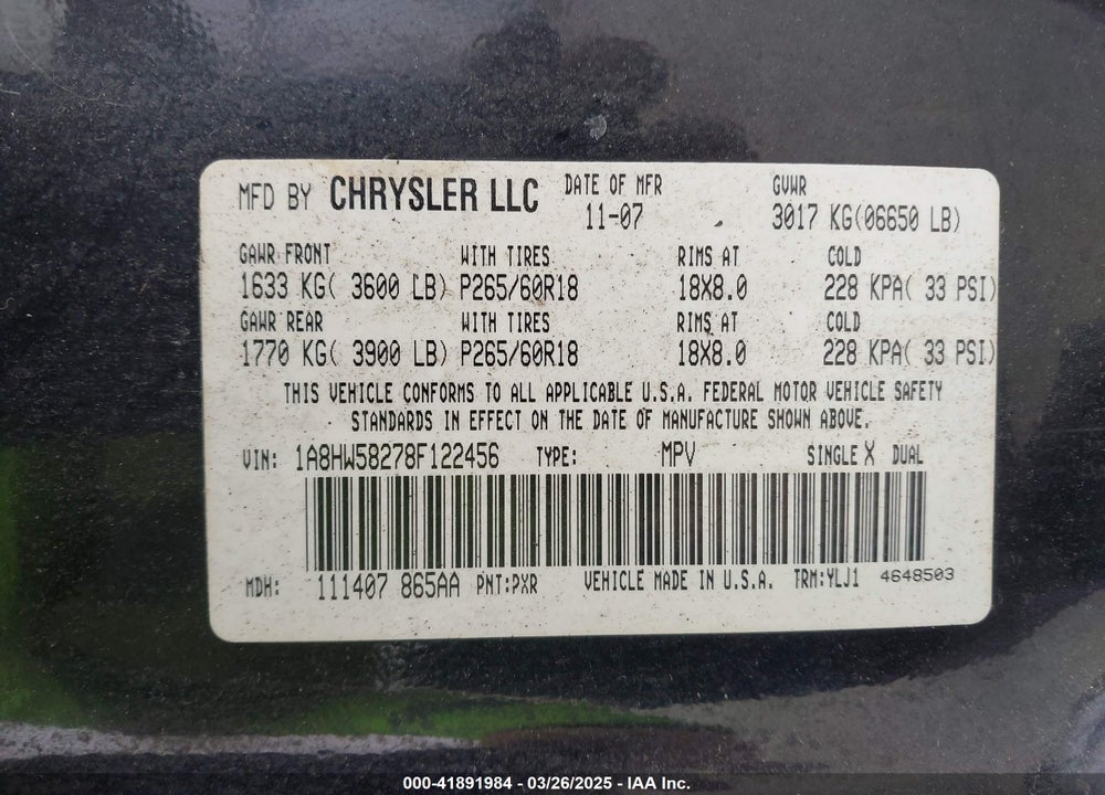 2008 CHRYSLER ASPEN VIN: 1A8HW58278F122456