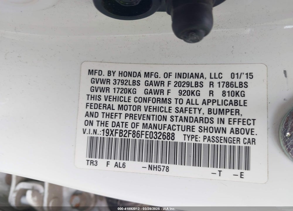 2015 HONDA CIVIC VIN: 19XFB2F86FE032688