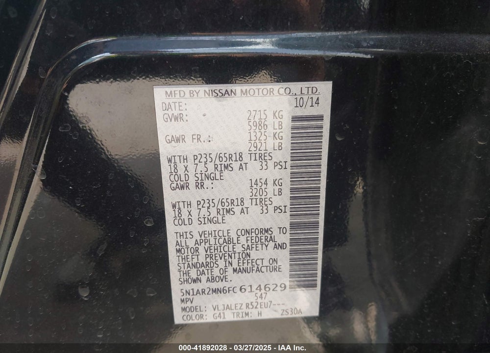 2015 NISSAN PATHFINDER VIN: 5N1AR2MN6FC614629