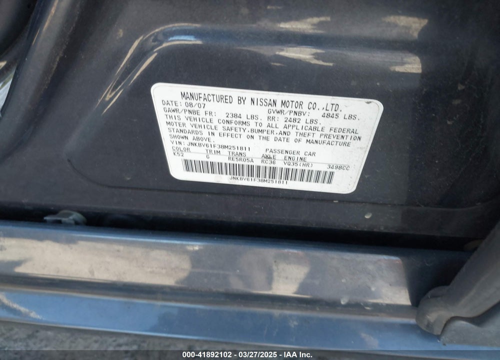 2008 INFINITI G35X VIN: JNKBV61F38M251811