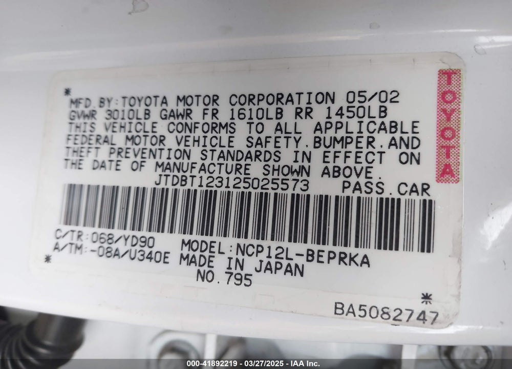 2002 TOYOTA ECHO VIN: JTDBT123125025573