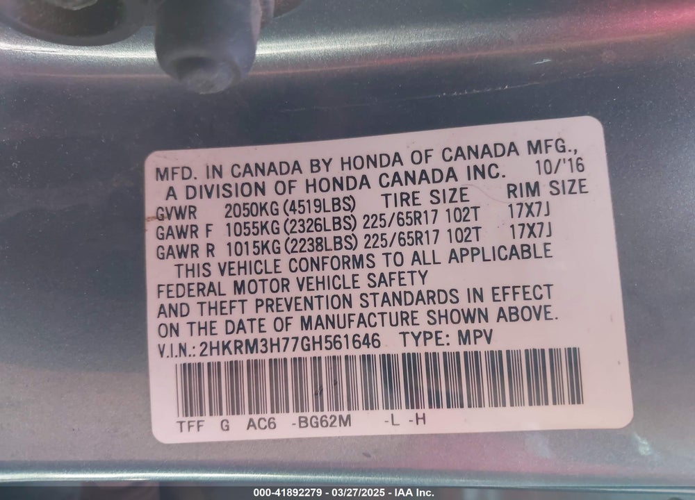 2016 HONDA CR-V EX-L VIN: 2HKRM3H77GH561646