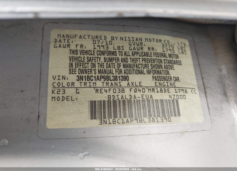 2011 NISSAN VERSA VIN: 3N1BC1AP9BL381390