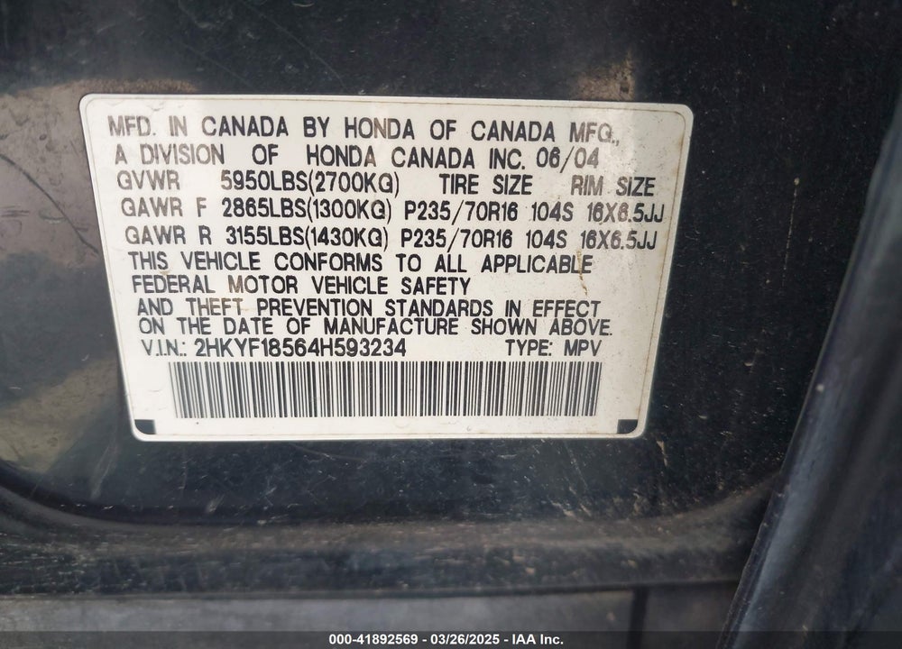 2004 HONDA PILOT EX-L VIN: 2HKYF18564H593234