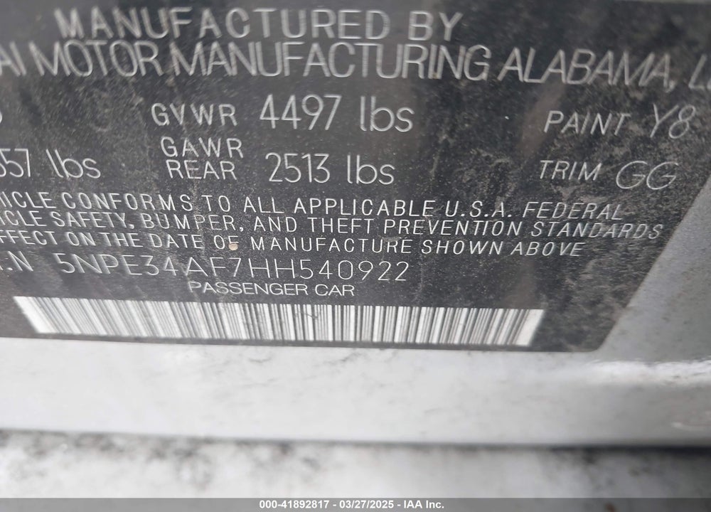 2017 HYUNDAI SONATA VIN: 5NPE34AF7HH540922