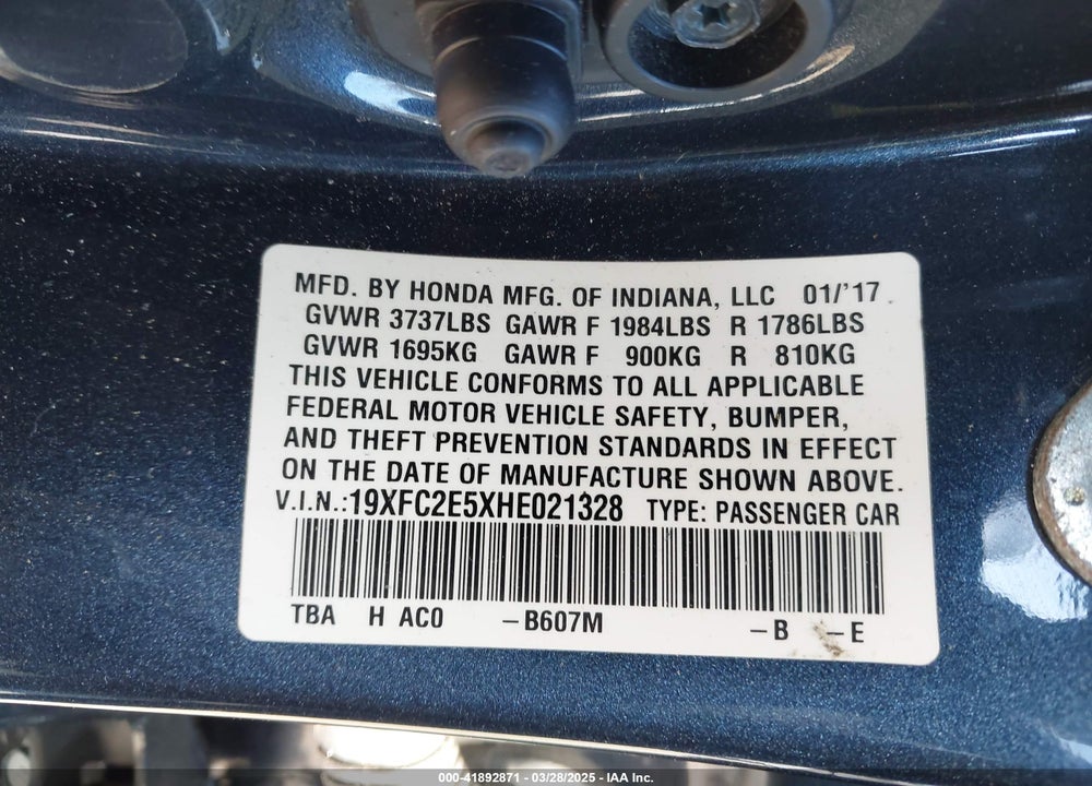 2017 HONDA CIVIC LX VIN: 19XFC2E5XHE021328