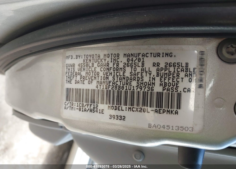 2001 TOYOTA AVALON XL VIN: 4T1BF28B01U179736
