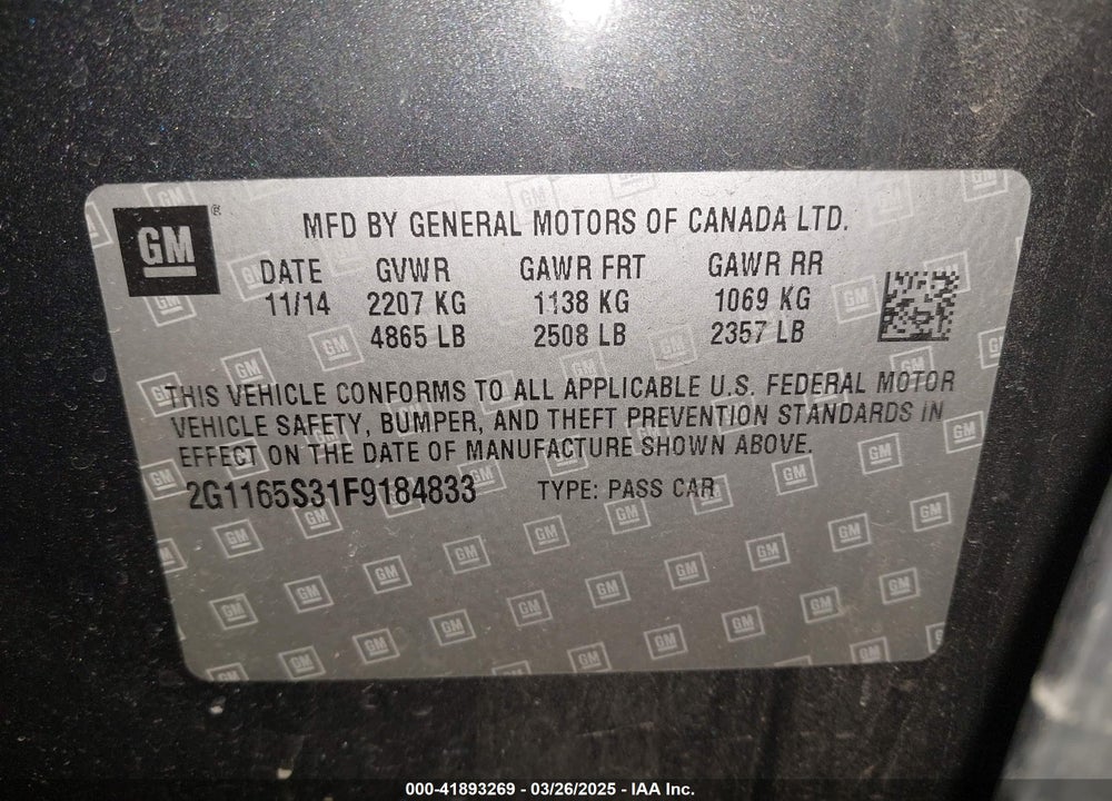 2015 CHEVROLET IMPALA 2LZ VIN: 2G1165S31F9184833