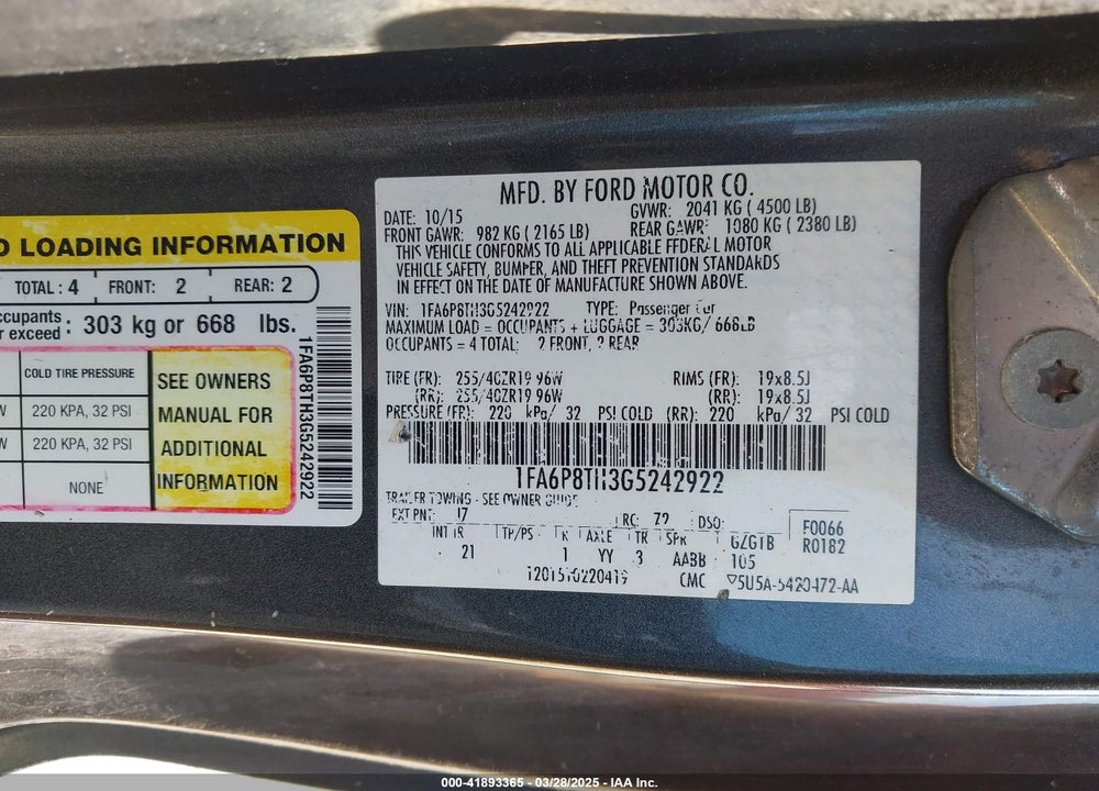 2016 FORD MUSTANG VIN: 1FA6P8TH3G5242922