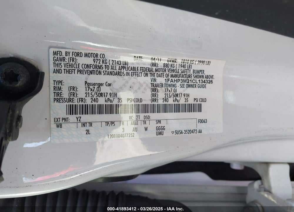 2012 FORD FOCUS VIN: 1FAHP3M21CL134326