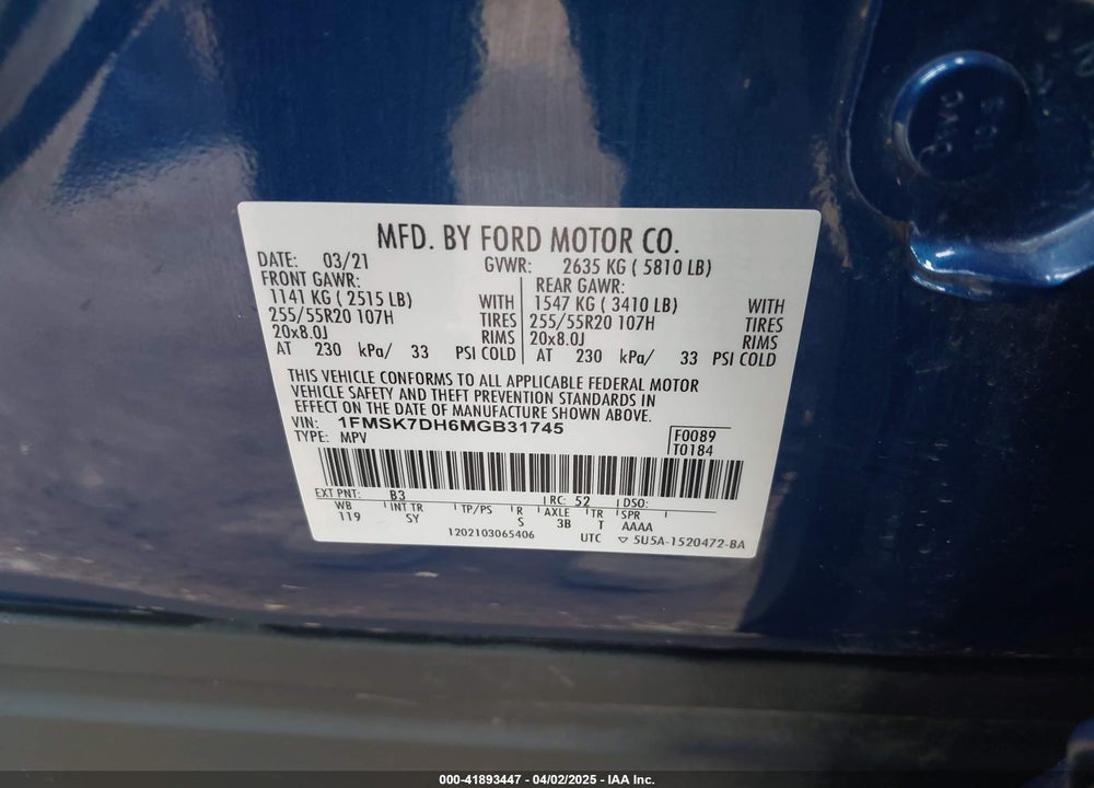 2021 FORD EXPLORER VIN: 1FMSK7DH6MGB31745