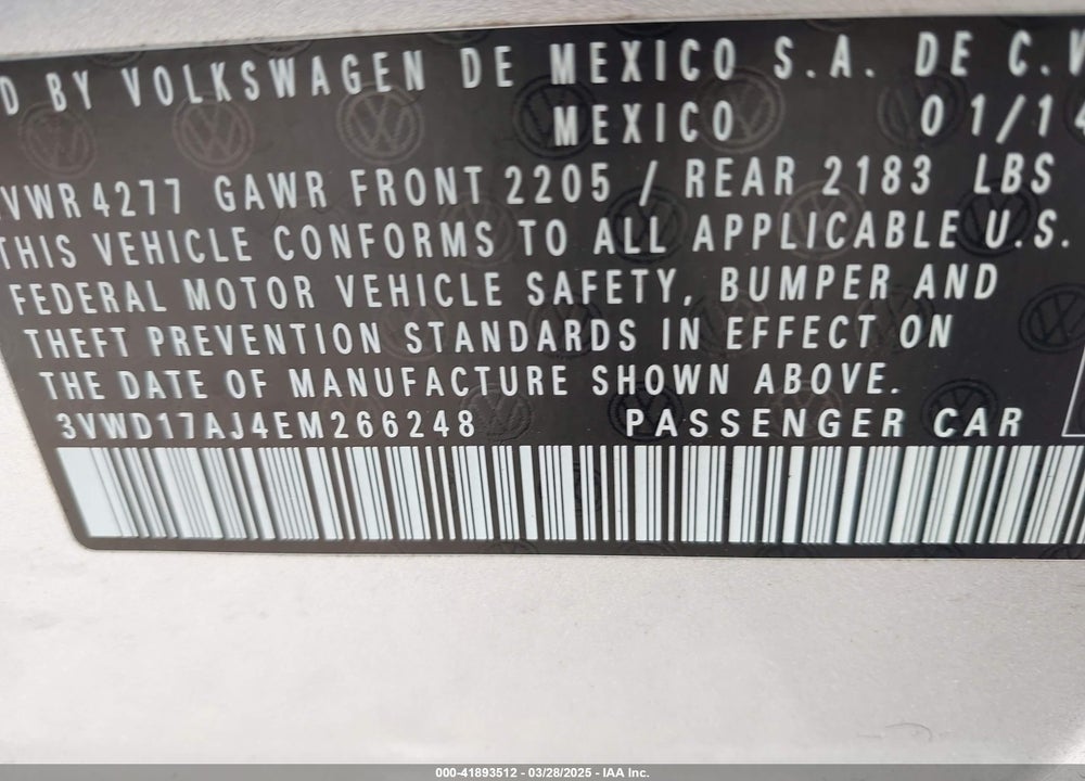 2014 VOLKSWAGEN JETTA 1.8T SE VIN: 3VWD17AJ4EM266248